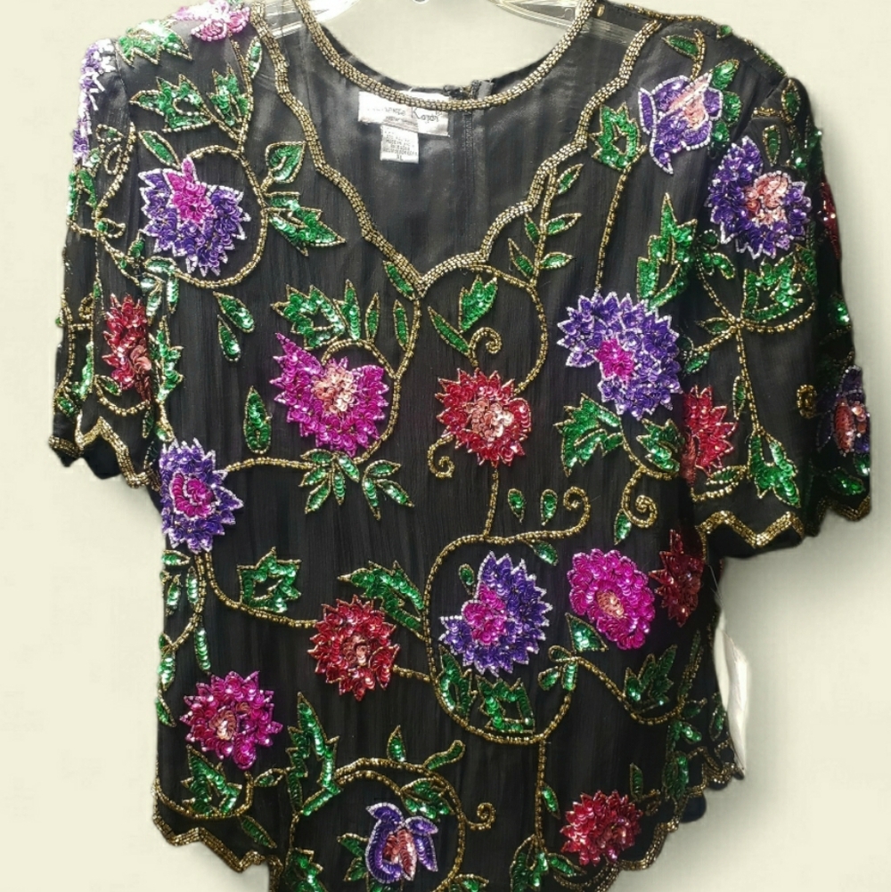 Beaded Floral Mesh Top - Black with Multicolor Embroidery